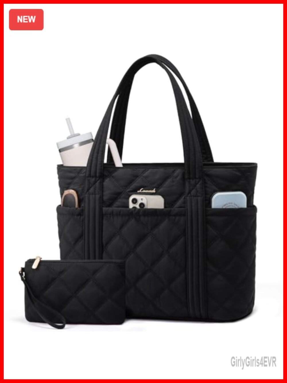 Puffer Tote Bag for Women, Large 27L Work Handbag with Laptop Pocket and Cup